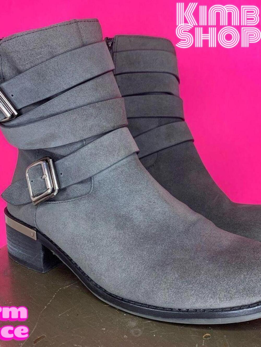 Vince Camuto Webey Gray Suede Buckle Wrap Strap Moto Boots US 8.5 UK 6 EU 39